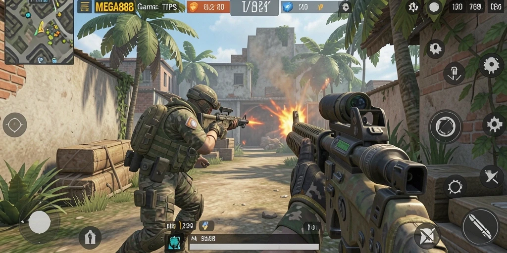 Gameplay intens MEGA888 dengan aksi menembak yang seru.
