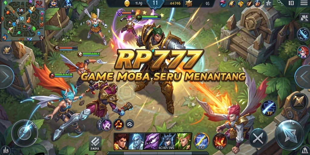 Tampilan aksi seru dari gameplay RP777 dalam arena MOBA.